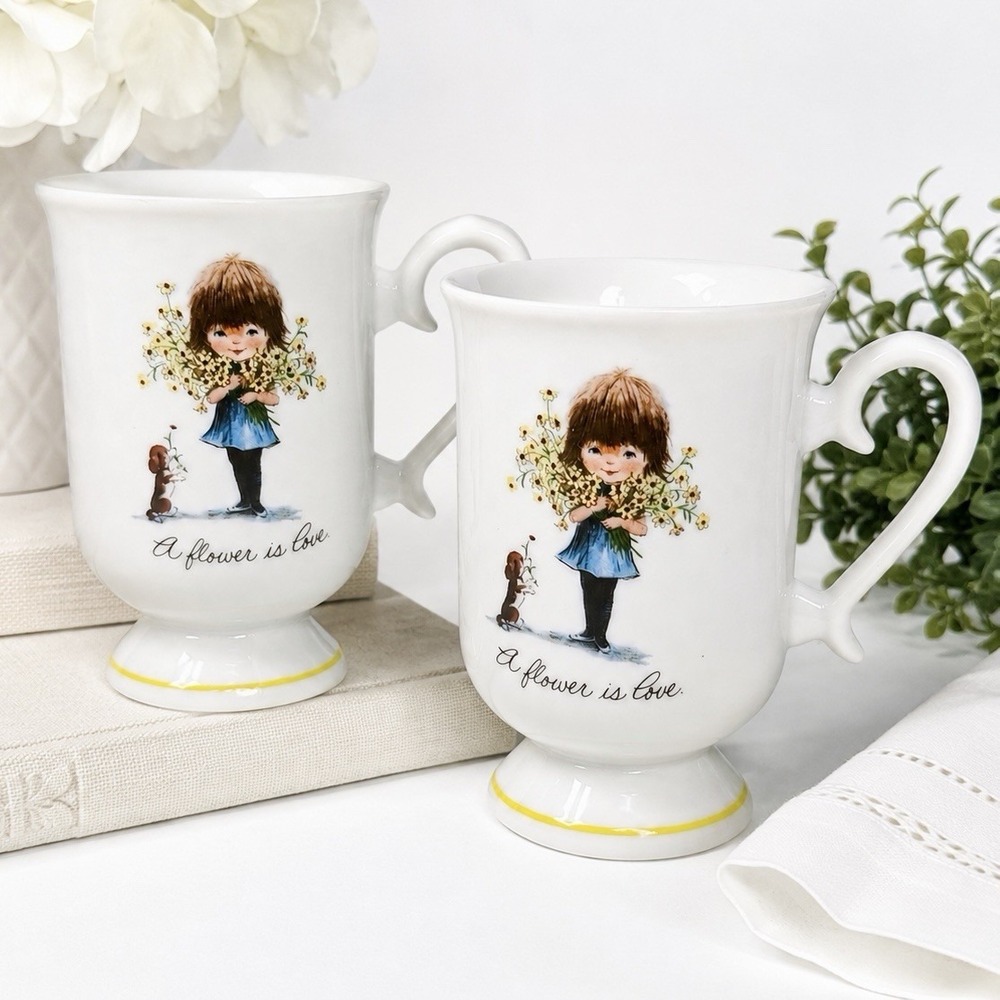 VTG 1974 Fran Mar Moppets Japan Pedestal Mug Set of 2 A Flower Is Love Porcelain